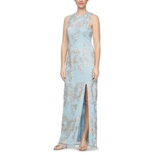 Alex & Eve Alex Evenings Sky Blue Floral Embroidered Slit Column Dress 12 NWT